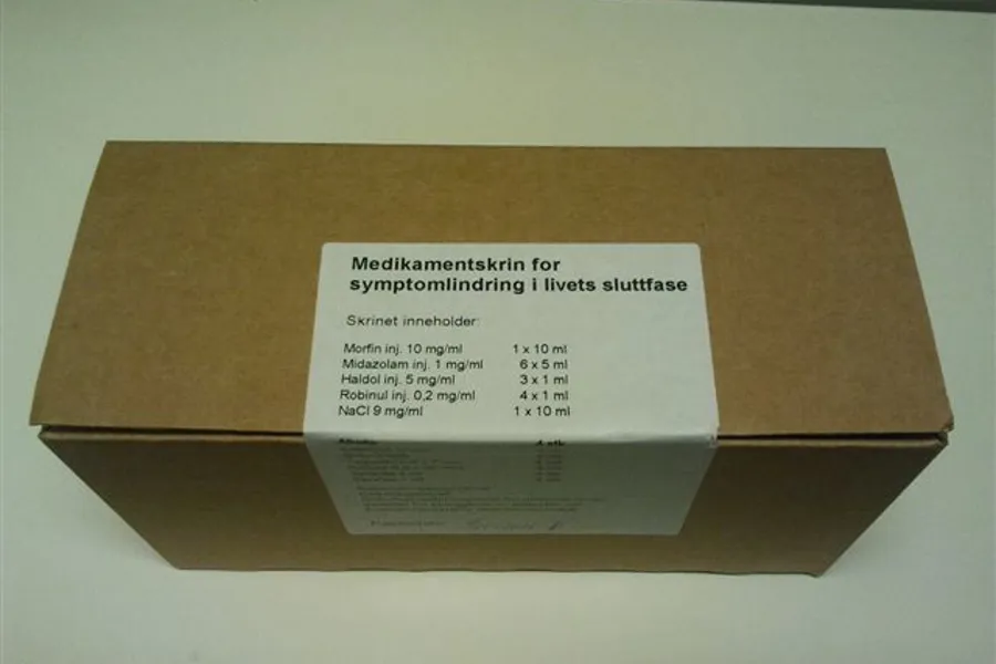 Pappeske merket "Medikamentskrin for symptomlindring i livets sluttfase"